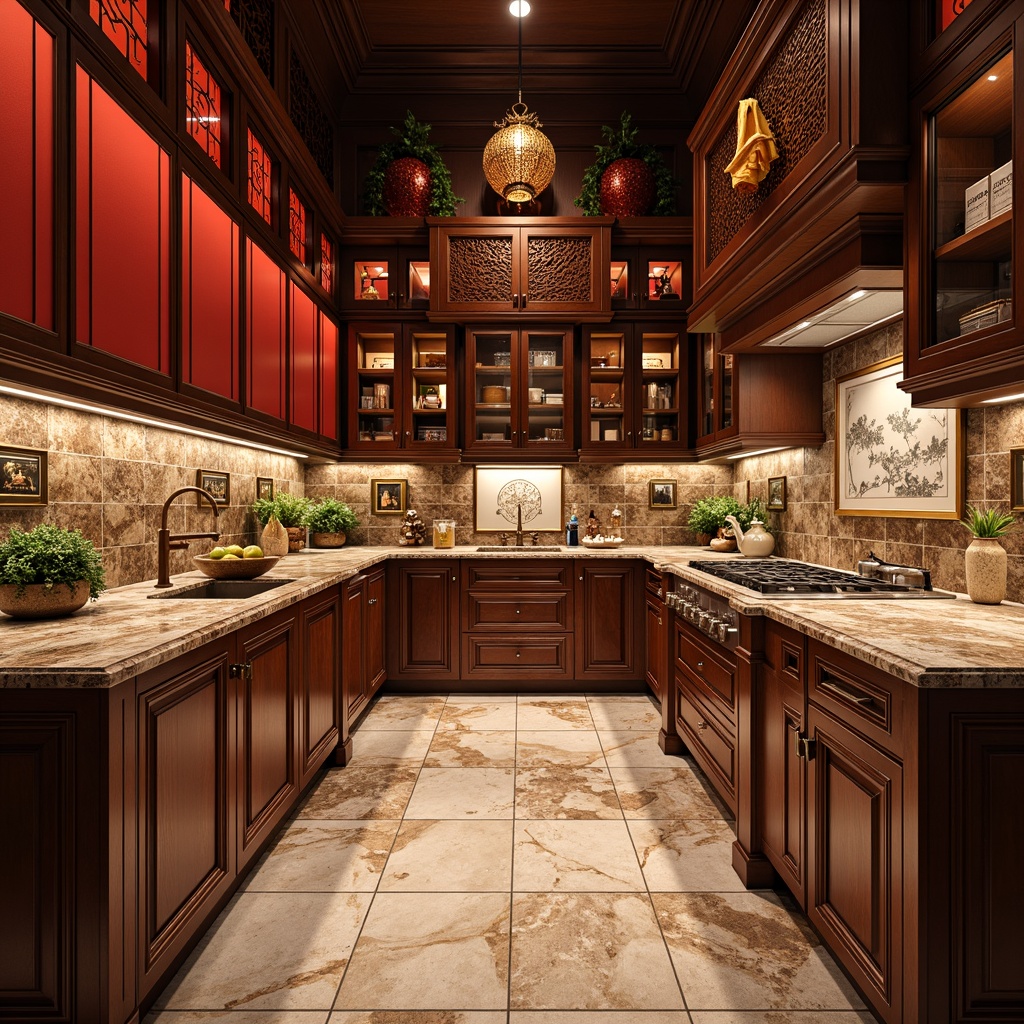 Prompt: Vibrant Asian-inspired kitchen, stunning granite countertops, rich dark wood cabinetry, intricate carvings, ornate hardware, bold red accents, natural stone backsplashes, exotic marble flooring, warm golden lighting, shallow depth of field, 1/1 composition, realistic textures, ambient occlusion.