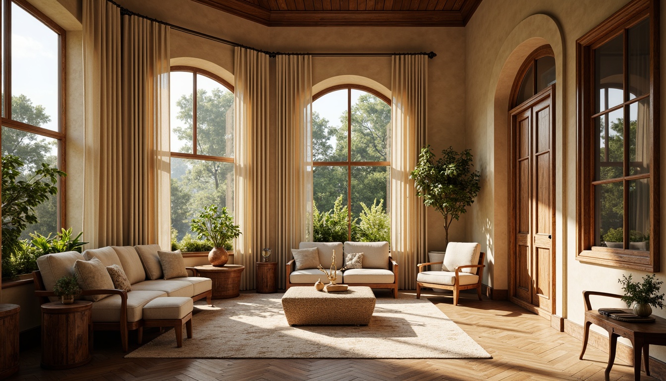 Prompt: Elegant sunroom, classicism style, luxurious fabrics, velvet drapes, linen upholstery, subtle sheen, natural fibers, earthy tones, warm beige walls, rich wood accents, ornate furniture, carved wooden details, subtle patterns, floral motifs, soft golden lighting, diffused daylight, 1/1 composition, realistic textures, ambient occlusion.