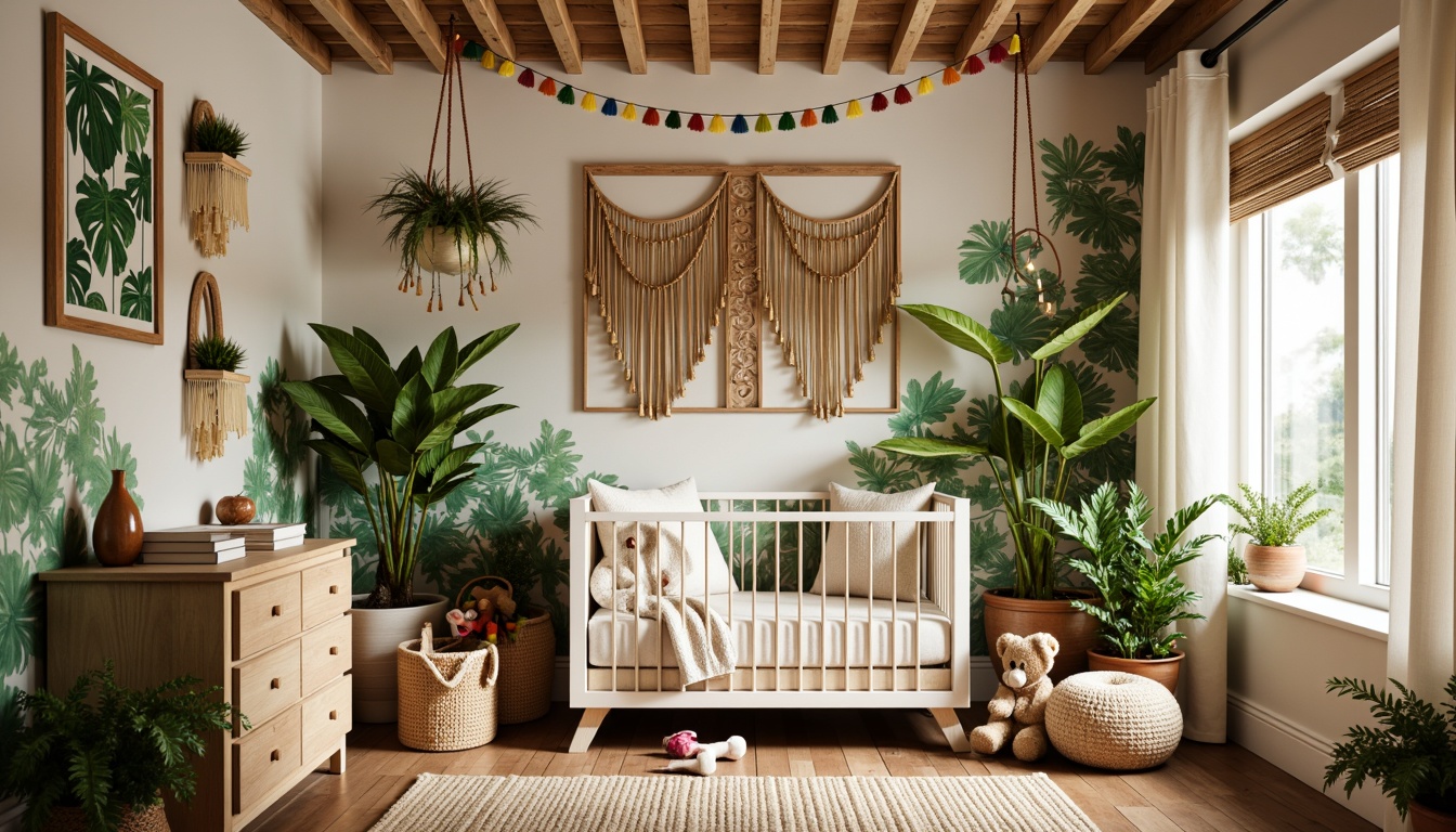 Prompt: Vibrant tropical nursery, lush greenery, exotic flowers, wooden wall art, woven rattan decor, colorful tassel garlands, natural fiber textiles, jungle-inspired wallpaper, warm beige tones, soft pastel hues, whimsical palm tree decals, playful monkey mobiles, rustic reclaimed wood accents, cozy reading nook, plush area rug, ambient string lights, creamy white curtains, 1/2 composition, shallow depth of field, dreamy soft focus.