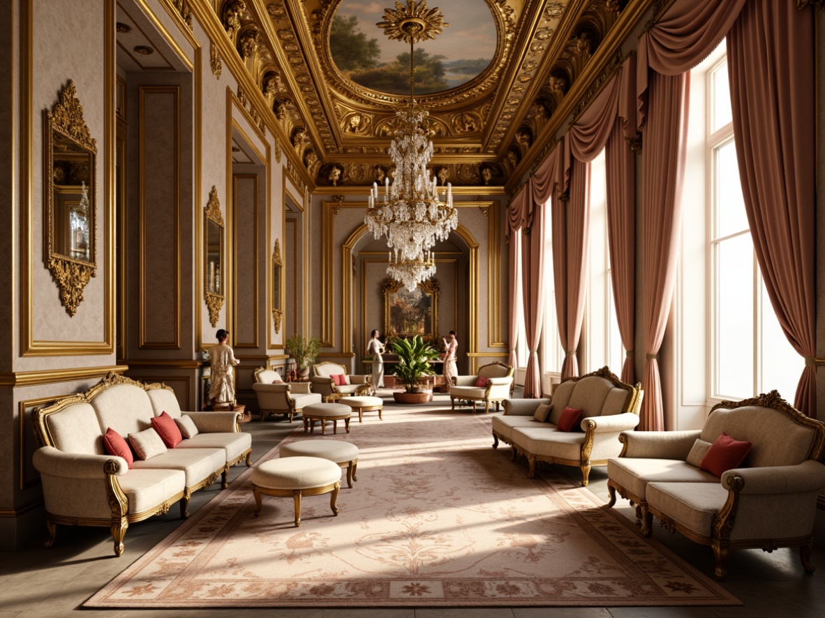 Prompt: Luxurious palace interior, ornate gold molding, velvet drapes, intricately carved wooden furniture, soft pastel color palette, delicate floral patterns, crystal chandeliers, lavish fabrics, rich brocade textures, Baroque-inspired architecture, grandiose scale, dramatic lighting effects, warm golden lighting, shallow depth of field, 1/1 composition, ornate mirrors, gilded accents, marble floors, lavish furnishings, intricate inlays, opulent decor, soft focus effect.