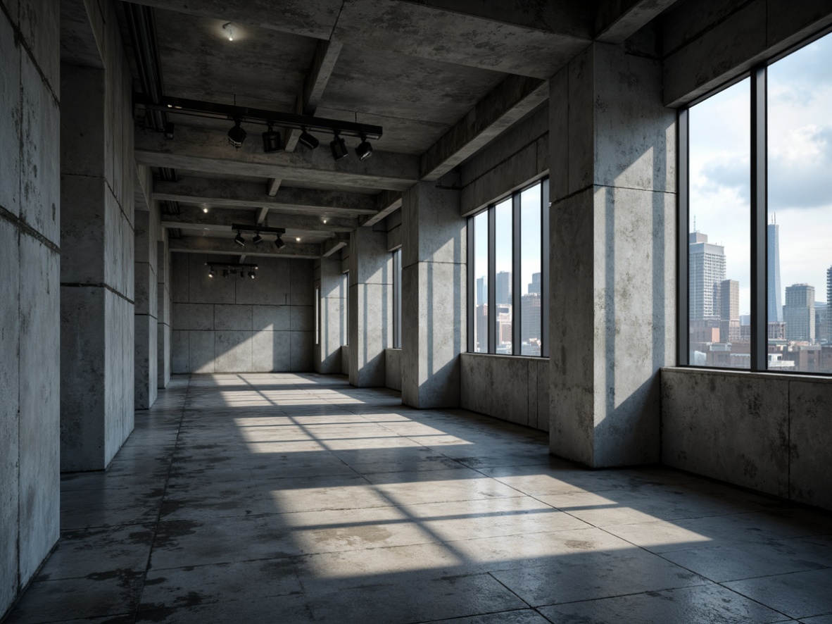 Prompt: Exposed concrete walls, rugged textures, brutalist architecture, industrial-style lighting fixtures, metal beams, raw concrete floors, minimalist decor, dramatic shadows, harsh overhead lighting, spotlights on tracks, adjustable light sources, cold color temperatures, high ceilings, open spaces, urban landscapes, city skyscrapers, cloudy skies, moody atmosphere, cinematic lighting, low-key illumination, 1/2 composition, realistic renderings, ambient occlusion.Let me know if this meets your requirements!