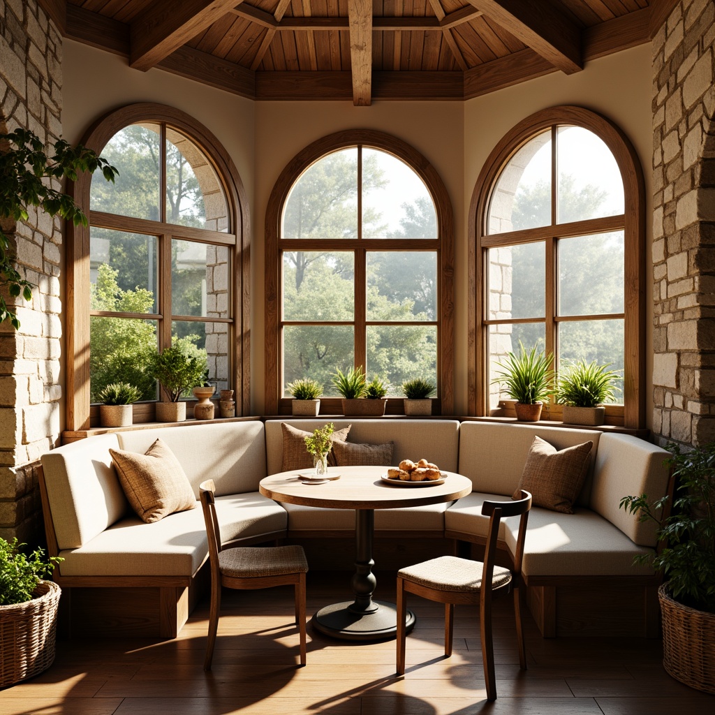 Prompt: Cozy breakfast nook, warm wooden tones, plush cushions, curved banquettes, built-in window seats, natural light pouring in, soft morning glow, rustic wooden tables, vintage metal chairs, woven wicker baskets, greenery-filled planters, earthy color palette, textured stone walls, comfy pillows, intimate seating arrangement, circular shape, centralized focal point, warm beige tones, gentle curves, soft fabrics, 3/4 composition, shallow depth of field, realistic textures, ambient occlusion.