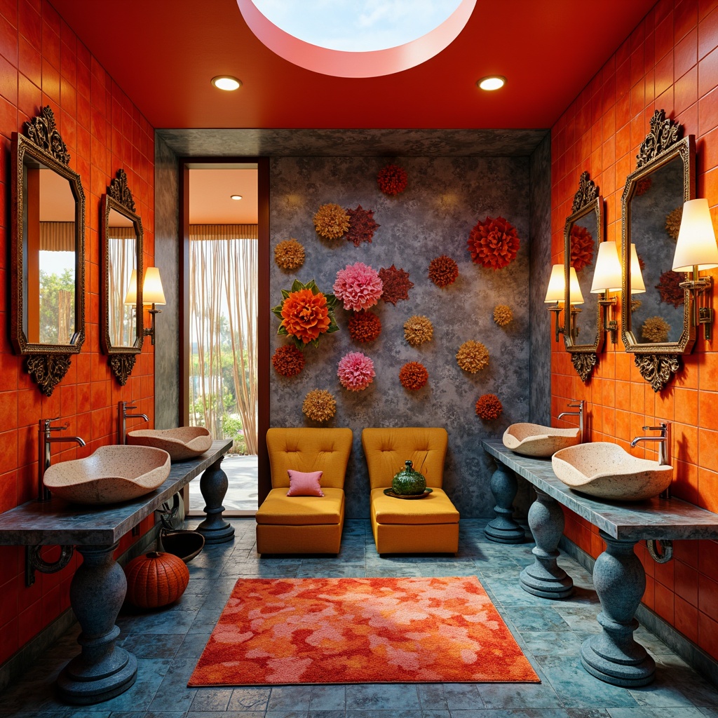 Prompt: Vibrant bathroom, expressive furniture, bold curves, bright colors, ornate mirrors, lavish lighting fixtures, sculptural sink basins, abstract-patterned tiles, iridescent glass mosaics, free-form cabinetry, undulating countertops, dynamic shapes, artistic faucets, statement pieces, luxurious textiles, plush rugs, whimsical accessories, dreamy ambiance, warm softbox lighting, shallow depth of field, 1/1 composition, dramatic vignette.