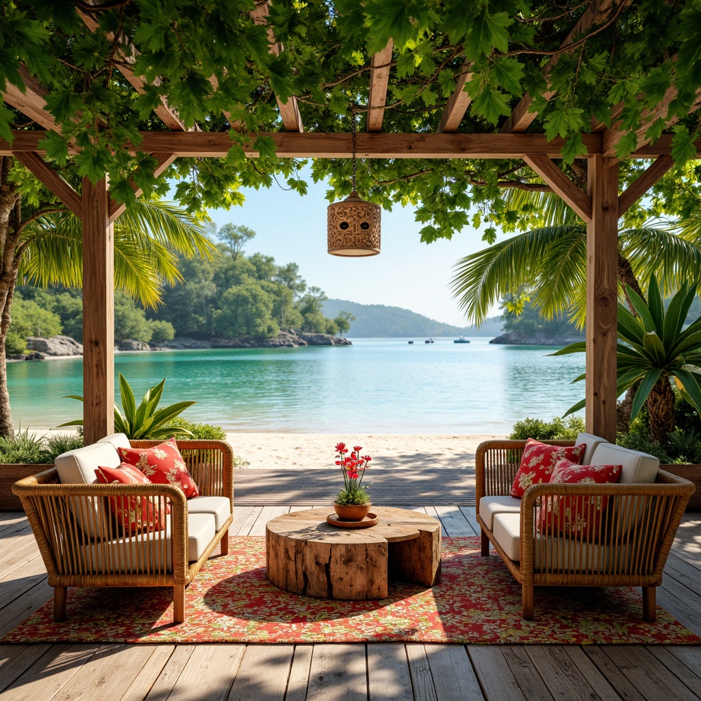 Prompt: Vibrant tropical leaves, exotic wood grain, woven rattan furniture, natural fiber rugs, distressed driftwood accents, earthy terracotta pots, colorful tiki masks, bold floral patterns, intricate hibiscus motifs, warm sandy beaches, crystal clear turquoise waters, lush green palm trees, sunny afternoon light, soft ambient shadows, 1/1 composition, realistic renderings, atmospheric depth of field.