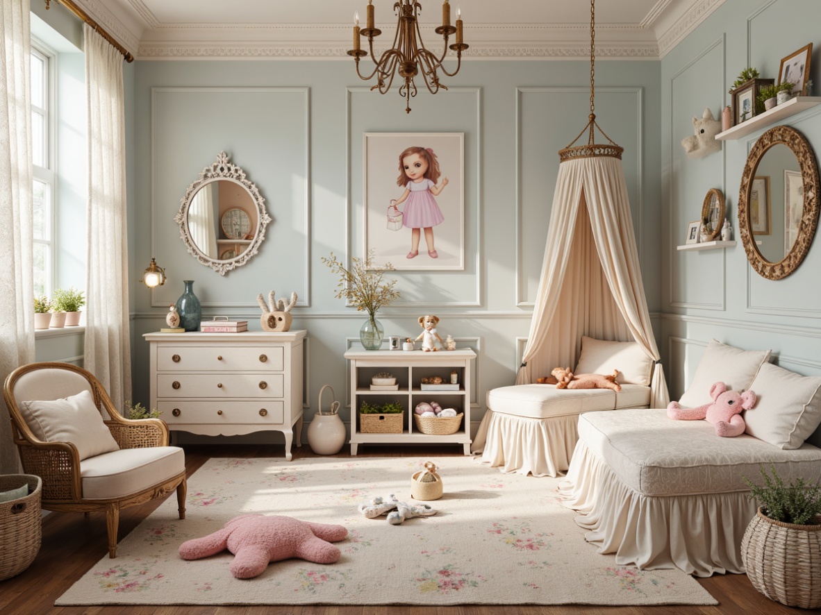 Prompt: Whimsical kids' room, distressed finishes, vintage accents, soft pastel hues, lace curtains, floral patterns, ruffled bedding, antique furniture pieces, white wooden cribs, ornate mirrors, woven baskets, rustic wood shelves, delicate porcelain dolls, creamy whites, pale pinks, baby blues, warm beige tones, natural textures, cozy reading nooks, plush area rugs, elegant chandeliers, feminine touches, romantic ambiance, soft focus lighting, shallow depth of field, 1/1 composition, intimate atmosphere.