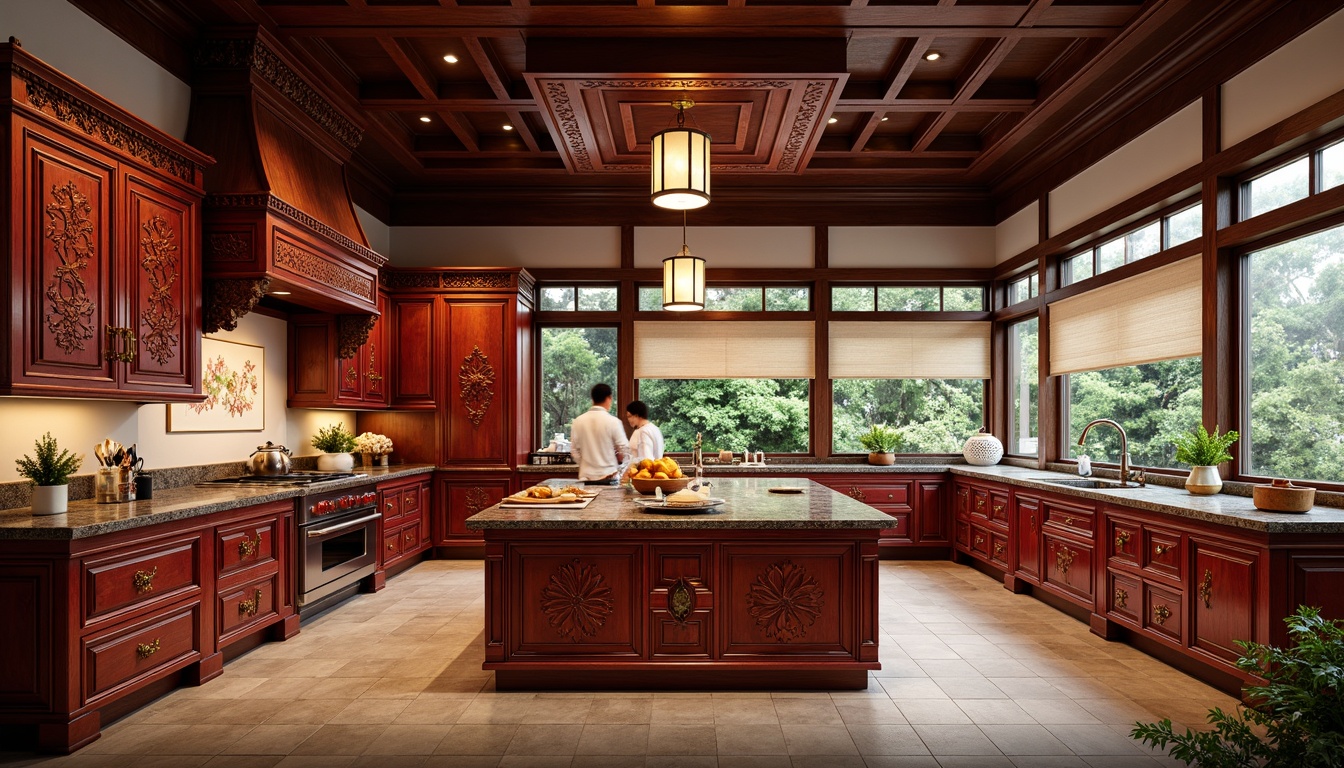 Prompt: Traditional Asian kitchen, ornate wooden cabinetry, intricately carved granite countertops, vibrant red accents, golden hardware, natural stone flooring, bamboo island, pendant lanterns, Shoji screens, paper lanterns, cultural symbols, subtle aromas, warm lighting, shallow depth of field, 1/1 composition, realistic textures, ambient occlusion.