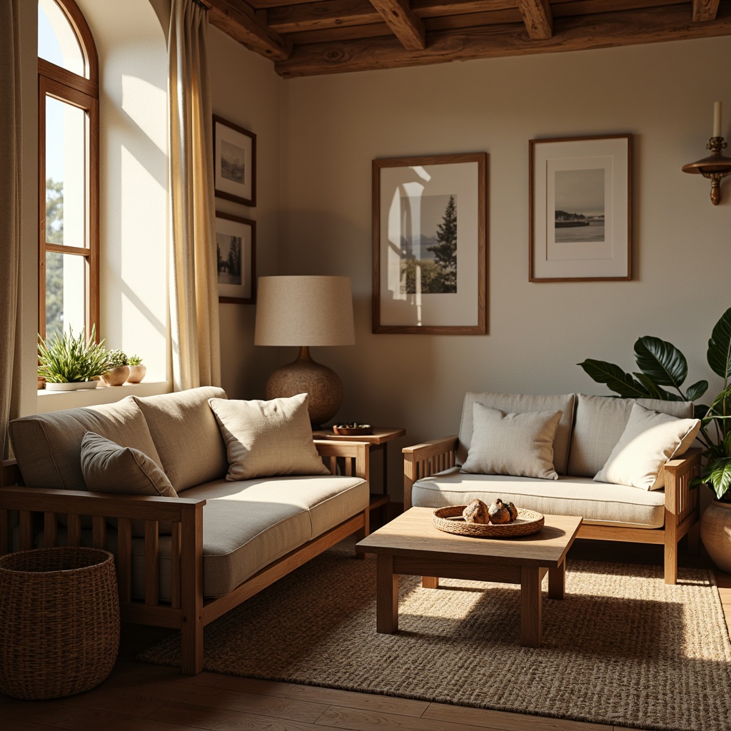 Prompt: Cozy living room, plush sofas, comfortable armchairs, wooden coffee tables, floor lamps, soft cushions, woven baskets, natural fiber rugs, minimalist decor, earthy color palette, warm ambient lighting, 1/2 composition, shallow depth of field, realistic textures, subtle shadows.