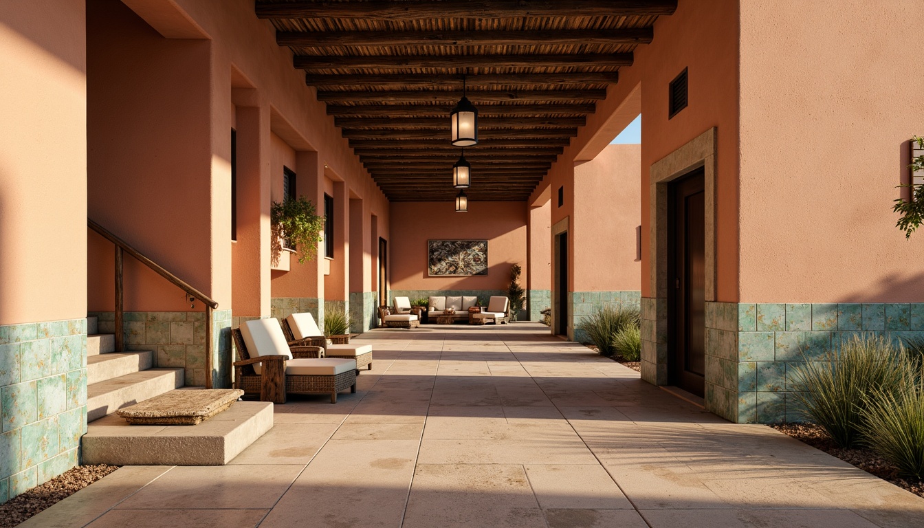 Prompt: Adobe stucco walls, earthy terracotta hues, rustic stone accents, woven Native American patterns, vibrant turquoise tiles, distressed wooden beams, sandy textured concrete, desert-inspired murals, warm golden lighting, soft focus photography, shallow depth of field, 1/2 composition, natural atmospheric perspective, ambient occlusion, realistic textures.