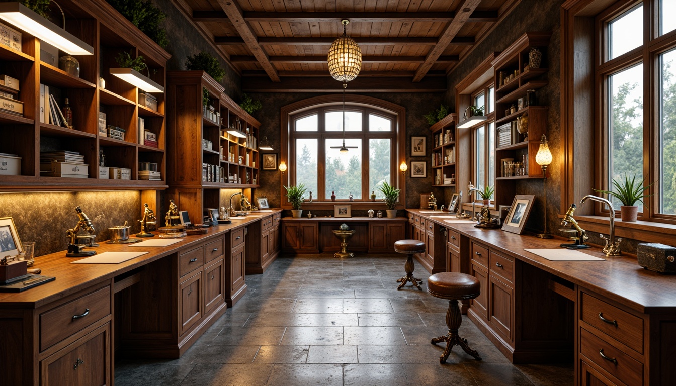 Prompt: Elegant laboratory, classic wooden cabinets, polished chrome fixtures, leather-bound stools, ornate metal shelving, rich walnut workbenches, antique-inspired microscopes, vintage-style lighting fixtures, earthy color palette, natural stone flooring, distressed wood accents, subtle Victorian-era patterns, soft warm lighting, shallow depth of field, 1/1 composition, realistic textures, ambient occlusion.