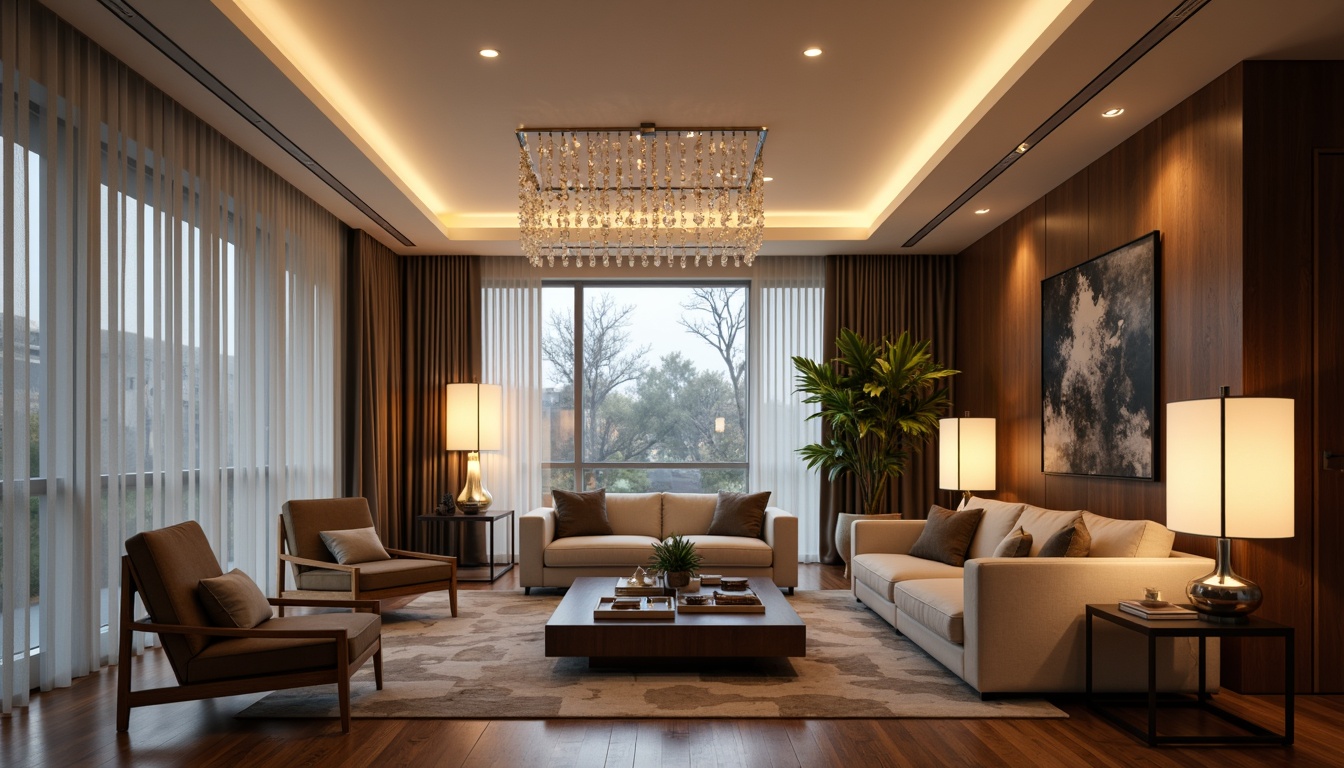 Prompt: Modern living room, sleek ceiling fixtures, soft warm glow, cozy ambiance, table lamps, floor lamps, pendant lights, chrome finishes, crystal chandeliers, LED strips, recessed lighting, dimmable options, energy-efficient solutions, minimalist designs, luxurious textiles, rich wood tones, comfortable seating areas, natural daylight, large windows, sheer curtains.