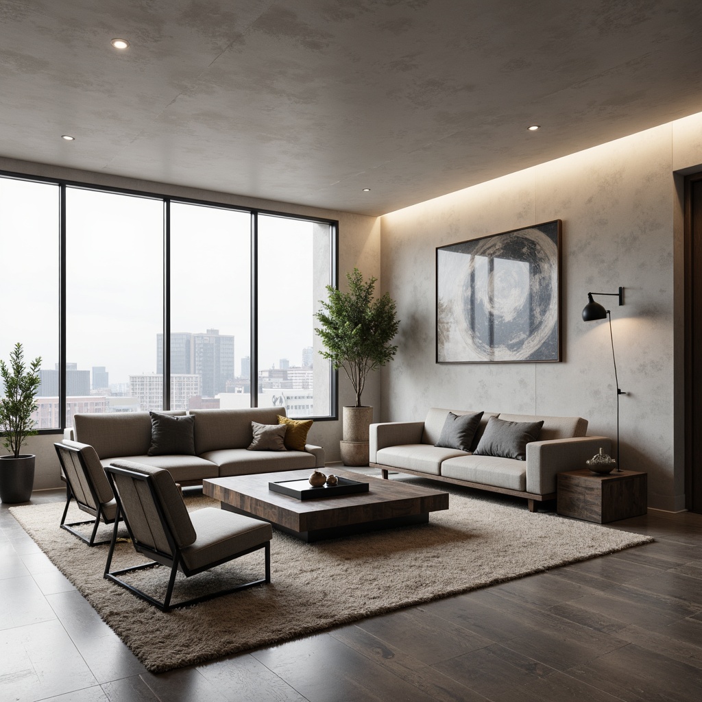 Prompt: Minimalist living room, low-profile sectional sofa, sleek coffee table, industrial metal chairs, reclaimed wood accents, modern abstract art, monochromatic color scheme, soft ambient lighting, floor-to-ceiling windows, urban cityscape view, 1/1 composition, shallow depth of field, realistic textures, subtle shadows.