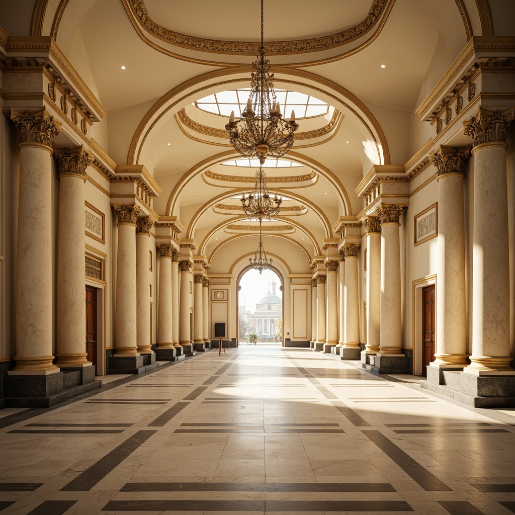 Prompt: Grand hall, ornate columns, classic Corinthian capitals, elegant archways, marble floors, cream-colored walls, stately chandeliers, intricate moldings, gilded accents, symmetrical composition, shallow depth of field, 1/2 composition, warm golden lighting, realistic textures, ambient occlusion.