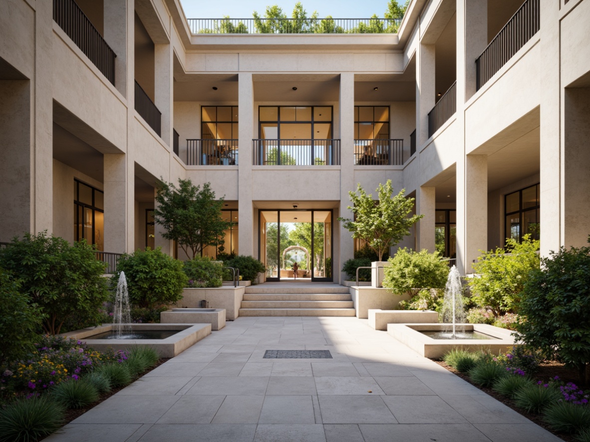 Prompt: Grand courthouse entrance, columned facade, majestic stairs, elegant fountains, vibrant landscaping, pedestrian pathways, accessible ramps, natural stone walls, large glass atriums, modern minimalist interiors, functional open spaces, efficient floor plans, high ceilings, abundant natural light, soft warm illumination, shallow depth of field, 1/1 composition, symmetrical architecture, realistic textures, ambient occlusion.