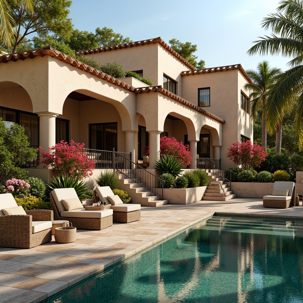 Prompt: Luxurious villa, Mediterranean style, warm beige walls, terracotta roof tiles, lush greenery, vibrant bougainvillea flowers, turquoise pool water, comfortable outdoor furniture, soft cushion upholstery, natural stone pathways, elegant archways, ornate metalwork details, warm golden lighting, shallow depth of field, 3/4 composition, panoramic view, realistic textures, ambient occlusion.