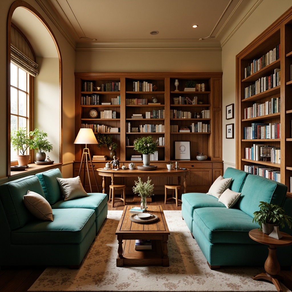 Prompt: Cozy library atmosphere, warm beige walls, rich wood accents, comfortable seating areas, floor lamps, bookshelves, calm natural light, soft cream colors, muted greenery, earthy tones, rustic wooden tables, plush armchairs, vibrant turquoise accents, subtle golden lighting, shallow depth of field, 1/2 composition, realistic textures, ambient occlusion.