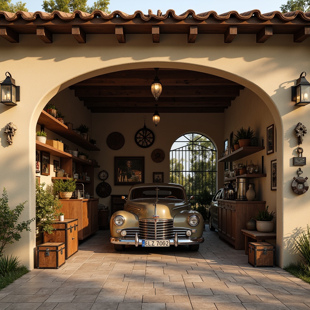 Prompt: Vintage family garage, classic automotive decor, distressed wood accents, metal tools, leather-bound trunks, nostalgic license plates, warm beige stucco exterior, rustic stone walls, earthy brown roof tiles, ornate iron gates, lantern-style lighting fixtures, soft warm glow, shallow depth of field, 1/1 composition, realistic textures, ambient occlusion.