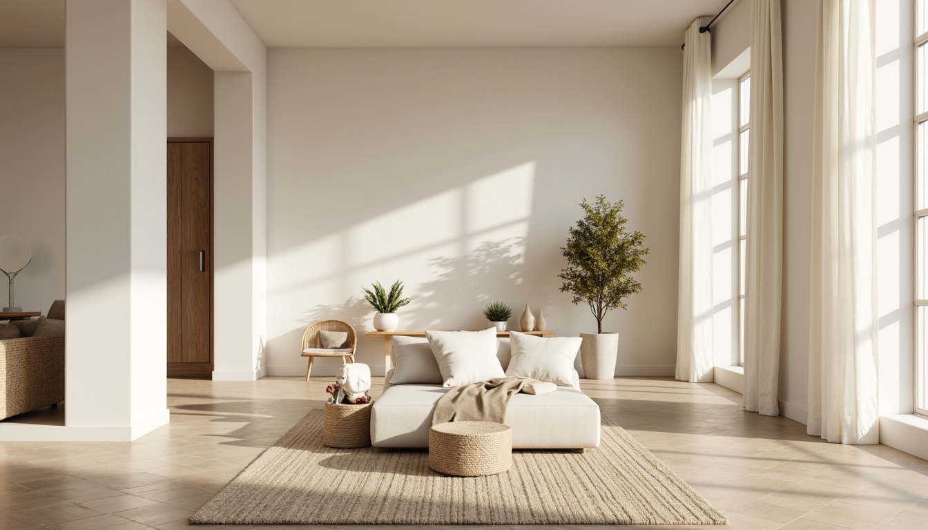 Prompt: Soft beige walls, creamy whites, pale grays, taupe accents, natural wood tones, woven textiles, minimalist decor, clean lines, simple shapes, calm atmosphere, serene ambiance, warm lighting, shallow depth of field, 1/1 composition, realistic render, ambient occlusion.