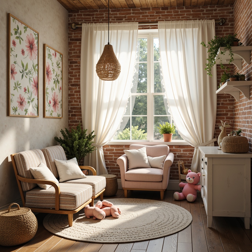 Prompt: Vintage kids' room, distressed wood furniture, soft pastel colors, floral patterns, ruffled curtains, lace trimmings, plush toys, velvet pillows, woven baskets, natural fibers, organic textures, gentle warm lighting, shallow depth of field, 1/1 composition, cozy atmosphere, whimsical decor, rustic wooden floor, aged brick walls, creamy whites, pale pinks, baby blues, feminine touches, delicate fabrics, sheer drapes, flowing silks, and subtle sheens.