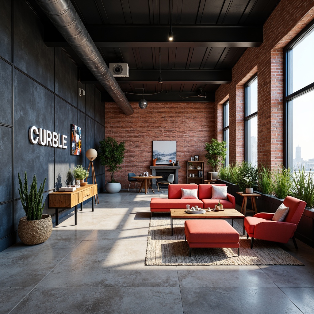 Prompt: Vibrant design studio, modern industrial chic, exposed brick walls, polished concrete floors, sleek metal accents, bold typography, monochromatic color scheme, deep blues, rich charcoals, pops of bright coral, natural textiles, reclaimed wood furniture, minimalist decor, floor-to-ceiling windows, abundant natural light, soft warm glow, 1/1 composition, realistic renderings, ambient occlusion.