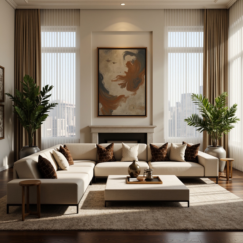 Prompt: Luxurious living room, modern minimalist furniture, sleek low-profile sofas, metallic accents, marble coffee tables, plush area rugs, floor-to-ceiling windows, sheer curtains, ambient warm lighting, 1/1 composition, shallow depth of field, realistic textures, subtle shadows, elegant vases, exotic plants, sophisticated artwork, cream-colored walls, dark hardwood floors, abstract patterns, velvet throw pillows, gold decorative frames.