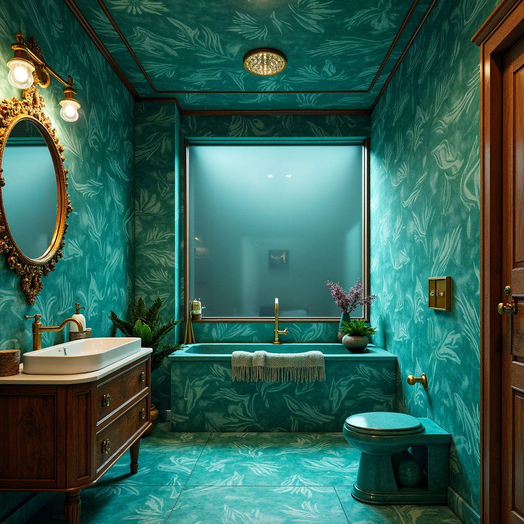 Prompt: Vibrant turquoise bathroom, ornate golden fixtures, bold curved lines, expressive abstract patterns, luxurious velvet textiles, rich wooden cabinetry, eclectic mix of antique and modern pieces, avant-garde sink designs, unconventional mirror shapes, dramatic LED lighting, atmospheric misty effects, 1/1 composition, shallow depth of field, soft focus, warm color grading.