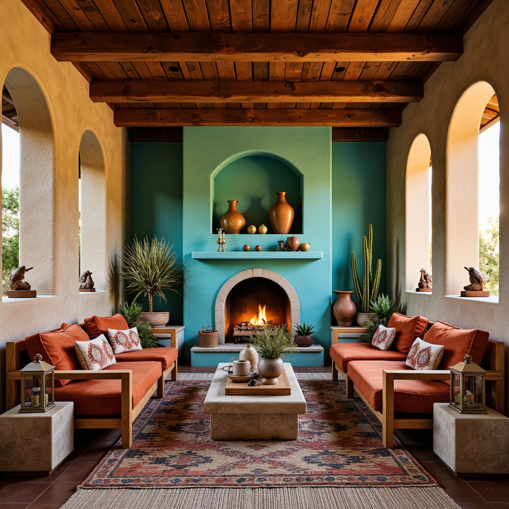 Prompt: Vibrant turquoise accents, earthy terracotta hues, woven Navajo-inspired patterns, soft suede upholstery, rustic wooden furniture, natural linen fabrics, hand-carved decorative accessories, warm desert sunlight, cozy fireplace nooks, plush area rugs, geometric tile designs, tribal-printed throw pillows, reclaimed wood accent walls, distressed leather armchairs, Southwestern-style pottery vases, cacti-adorned planters, warm beige stucco textures, rustic metal lanterns, ambient softbox lighting, 1/1 composition, intimate atmosphere.