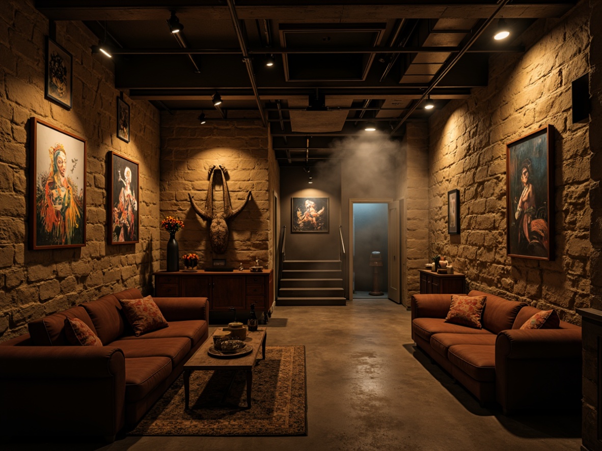 Prompt: Moody basement atmosphere, dimly lit ambiance, rugged stone walls, exposed brick textures, industrial metal beams, distressed wooden furniture, eclectic art pieces, avant-garde sculptures, bold color palette, abstract expressionist paintings, mysterious shadows, warm golden lighting, cinematic composition, dramatic focal points, high contrast ratio, rich textures, atmospheric fog effects.