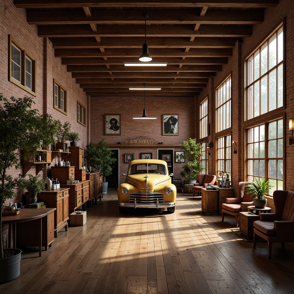 Prompt: Vintage garage interior, classic car display, polished wooden floors, distressed wood accents, antique furniture pieces, ornate metalwork, rustic brick walls, earthy color palette, warm soft lighting, shallow depth of field, 1/1 composition, realistic textures, ambient occlusion.