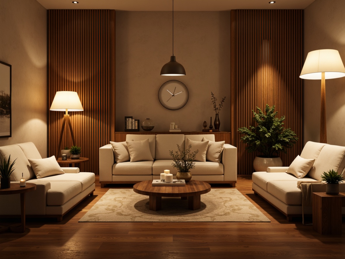 Prompt: Cozy living room, warm ambiance, floor lamps, table lamps, pendant lights, LED strip lighting, soft warm glow, relaxing atmosphere, comfortable seating, plush furniture, rich wood tones, creamy whites, subtle textures, minimalist decor, natural materials, earthy colors, inviting space, harmonious proportions, balanced composition, 1/1 aspect ratio, shallow depth of field, softbox lighting, realistic reflections.