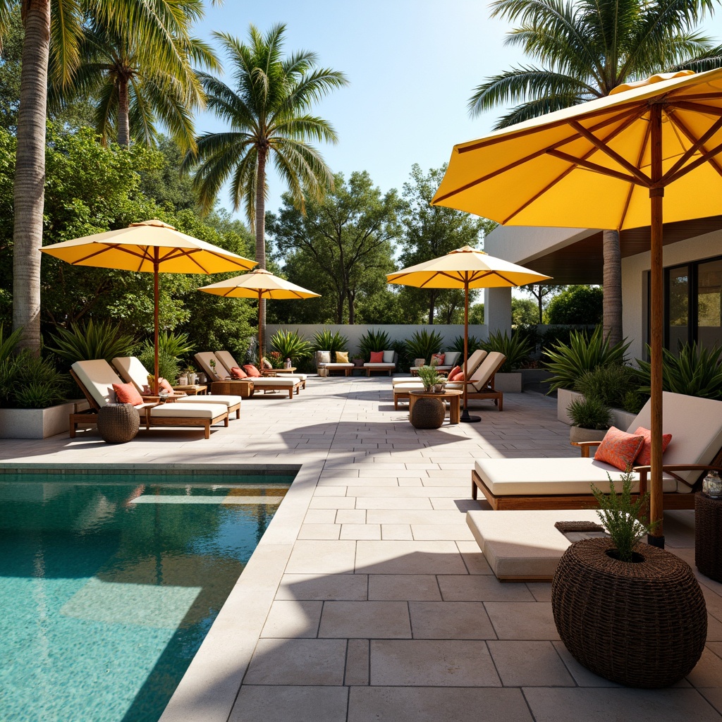 Prompt: \Luxurious poolside oasis, sun-kissed deck, turquoise water, sleek lounge chairs, vibrant umbrellas, natural stone flooring, woven rattan furniture, tropical plants, palm trees, colorful outdoor pillows, refreshing misting system, warm LED lighting, 1/2 composition, shallow depth of field, realistic textures.\Let me know if you need any adjustments!