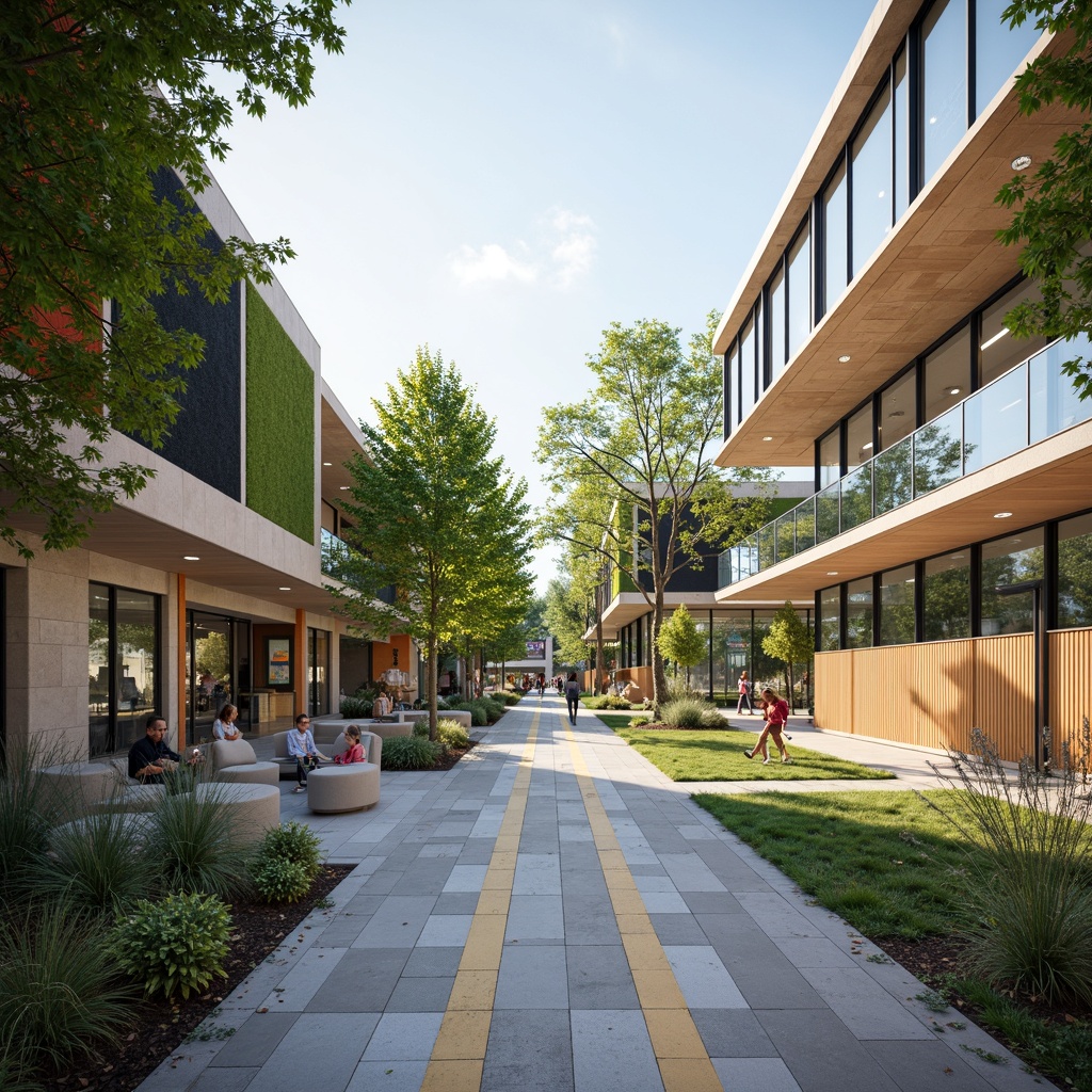 Prompt: Spacious high school courtyard, natural stone flooring, modern transitional architecture, large glass windows, wooden accents, open-air corridors, vibrant green walls, educational signage, collaborative seating areas, flexible learning spaces, soft warm lighting, 3/4 composition, shallow depth of field, realistic textures, ambient occlusion.