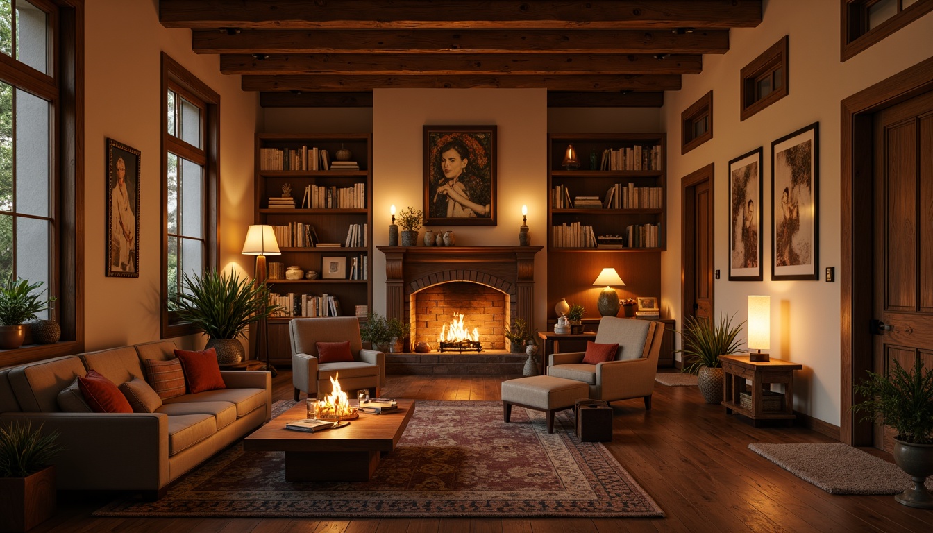 Prompt: Warm candlelight, earthy tones, rich wood accents, plush furnishings, soft velvet textures, calming beige walls, creamy whites, soothing sage greens, muted terracotta reds, golden honey yellows, cozy reading nooks, intimate seating areas, rustic wooden floors, natural stone fireplaces, warm ambient lighting, shallow depth of field, 2/3 composition, realistic textures, ambient occlusion.