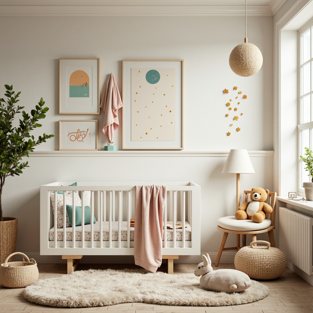 Prompt: Soft nursery atmosphere, pastel colors, gentle hues, creamy whites, pale pinks, baby blues, sunny yellows, minty greens, warm beige tones, soft peach shades, calming neutrals, delicate florals, whimsical polka dots, subtle textures, natural wood furniture, plush area rugs, cozy reading nooks, adorable stuffed animals, sweet vintage accents, gentle morning light, soft focus, shallow depth of field, 1/2 composition.