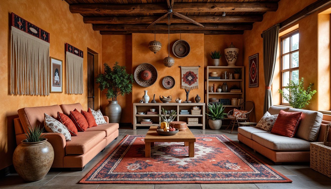 Prompt: Vibrant southwestern craft room, richly textured fabrics, woven baskets, macram\u00e9 wall hangings, colorful Navajo-inspired patterns, geometric Aztec motifs, soft warm lighting, rustic wooden furniture, natural stone flooring, earthy tone color palette, plush area rug, cozy reading nook, floor-to-ceiling shelves, abundant storage for art supplies, eclectic decorative accents, global-inspired accessories, tribal-print throw pillows, woven fibers, organic shapes, 3/4 composition, shallow depth of field, warm golden lighting, realistic textures.