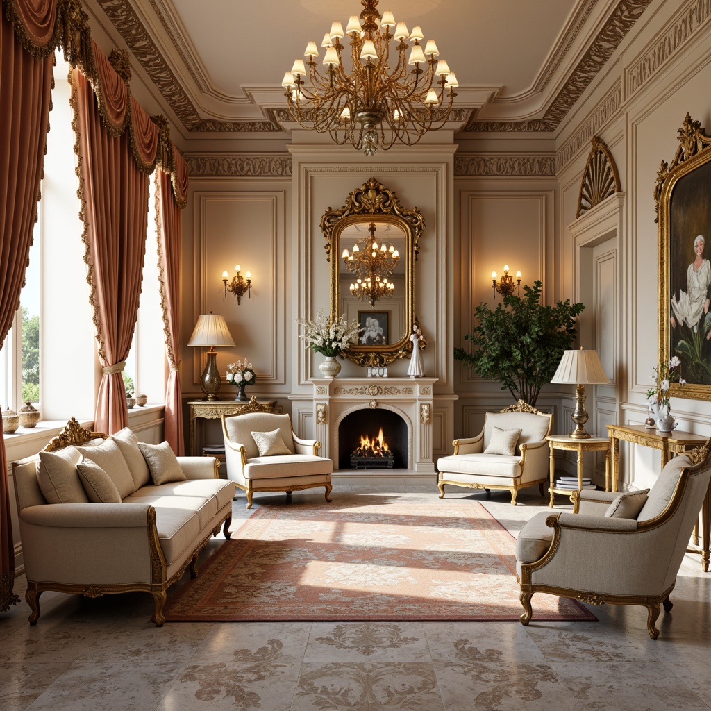 Prompt: Luxurious velvet drapes, gilded frames, ornate mirrors, delicate ceramics, intricate carvings, soft golden lighting, opulent furnishings, lavish textiles, curved lines, shell-shaped decorations, floral patterns, pastel color palette, whimsical accents, grand chandeliers, marble floors, intricate moldings, Rococo-inspired motifs, French Baroque influences, extravagant details, highly ornate fixtures, elegant proportions, sophisticated ambiance.