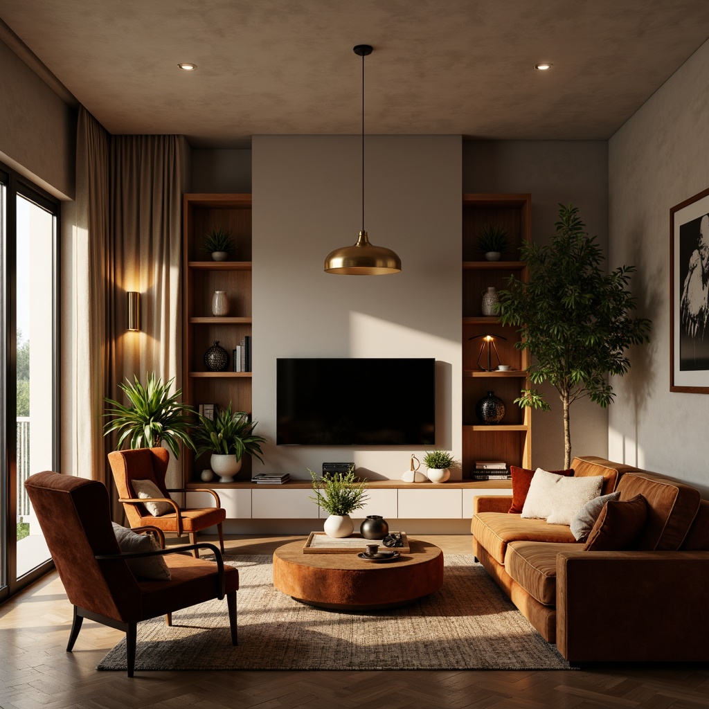 Prompt: Cozy living room, plush velvet sofa, reclining armchairs, wooden coffee table, minimalist decor, soft warm lighting, natural fiber rugs, earthy color palette, comfortable pillows, stylish vases, elegant curtains, modern bookshelves, sleek TV stand, ambient textures, realistic reflections, 1/1 composition, shallow depth of field, intimate atmosphere.