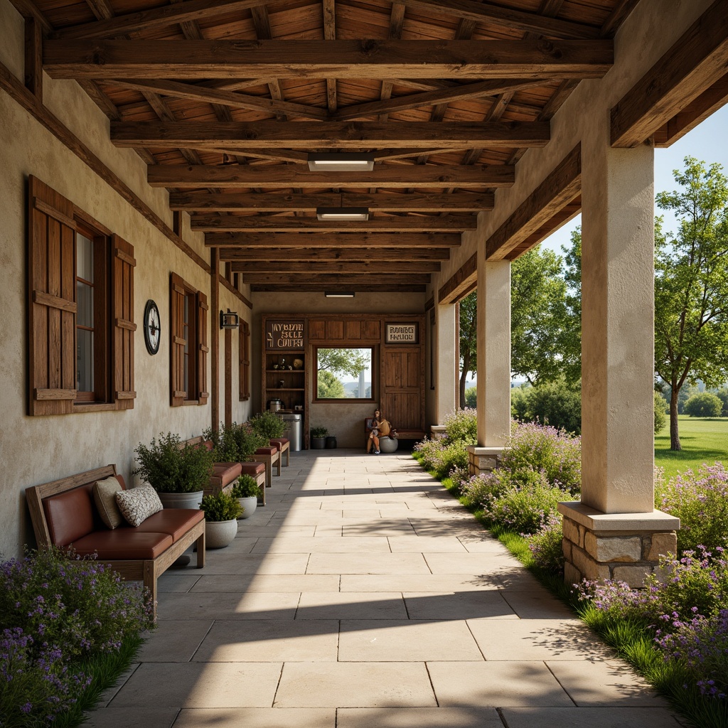 Prompt: Rustic bus station, farmhouse-style architecture, earthy color palette, warm beige tones, weathered wood accents, vintage metal signs, lush greenery, blooming wildflowers, natural stone walls, corrugated metal roofs, reclaimed wooden benches, distressed leather textures, soft warm lighting, shallow depth of field, 1/1 composition, realistic atmosphere, ambient occlusion.