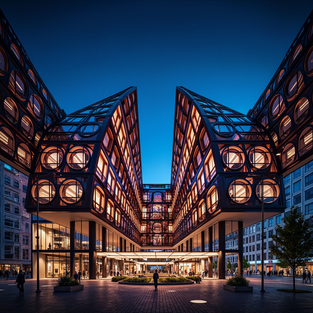 Prompt: Vibrant modern architecture, triangular roofs, circular windows, hexagonal pillars, abstract patterns, sleek metal facades, glass and steel structures, minimalist decor, futuristic ambiance, urban cityscape, nighttime illumination, dramatic shadows, high-contrast lighting, 1/1 composition, symmetrical framing, bold colorful accents, intricate geometric textures, ambient occlusion.