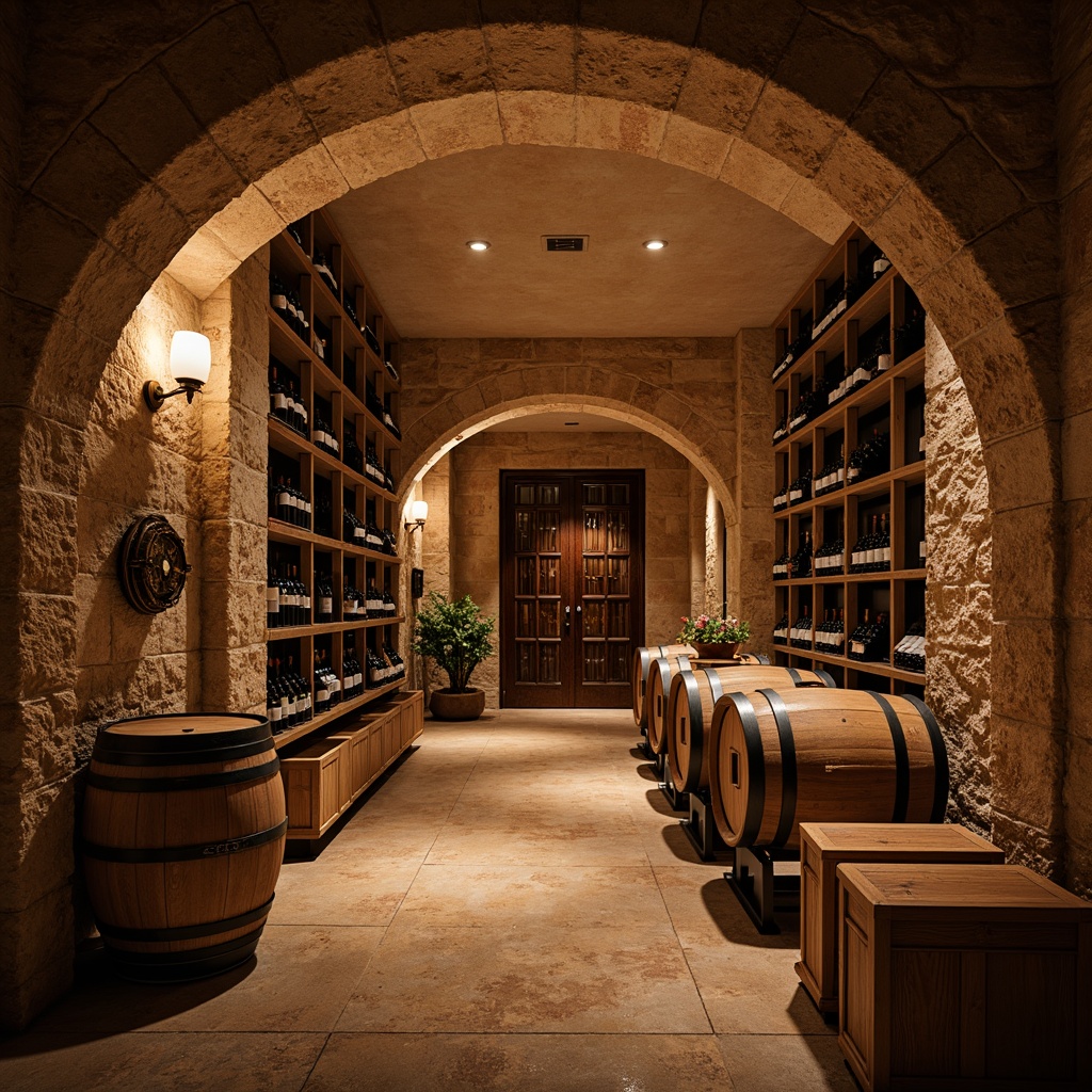 Prompt: Warm Mediterranean wine cellar ambiance, rustic stone walls, dimly lit atmosphere, wooden crates, vintage wine barrels, ornate metalwork, curved archways, rich wood tones, earthy color palette, ambient soft lighting, shallow depth of field, 1/1 composition, realistic textures, natural stone flooring, elegant wooden shelving, custom wine racks, sleek glass doors, temperature control systems, humidity regulation, innovative storage solutions, climate-controlled environments.