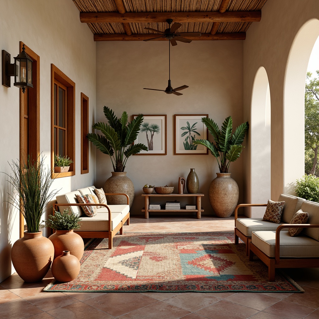 Prompt: Vibrant turquoise accents, earthy terracotta pots, woven Native American-inspired baskets, distressed wooden furniture, rustic metal lanterns, colorful Kilim textiles, geometric patterned rugs, natural stone vases, desert botanical prints, warm beige walls, soft ambient lighting, shallow depth of field, 3/4 composition, panoramic view, realistic textures, ambient occlusion.