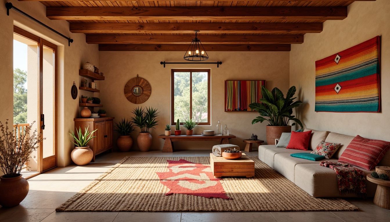 Prompt: Vibrant craft room, southwestern decor, earthy tones, terracotta pots, woven textiles, colorful serape blankets, rustic wooden furniture, natural fiber rugs, warm beige walls, turquoise accents, bold red and orange hues, geometric patterns, Navajo-inspired motifs, soft warm lighting, cozy ambiance, 3/4 composition, shallow depth of field, panoramic view, realistic textures, ambient occlusion.