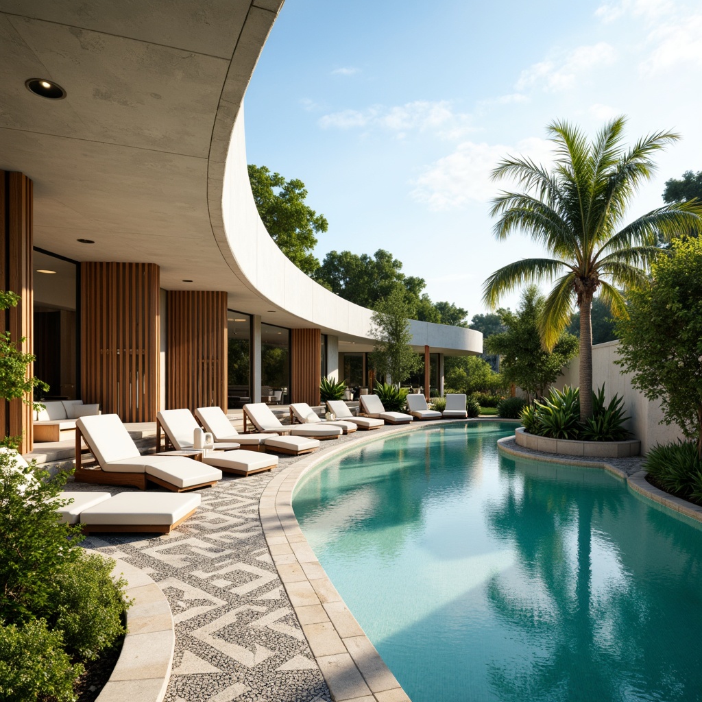 Prompt: Curved lines, sleek minimalist design, luxurious outdoor spaces, turquoise water, sun-kissed decks, modernist architecture, angular concrete forms, chrome accents, Art Deco patterns, vibrant tropical plants, palm trees, warm sunny day, soft natural lighting, shallow depth of field, 3/4 composition, panoramic view, realistic reflections, ambient occlusion, geometric tile patterns, mosaic inlays, stepping stones, water features, infinity edges, vanishing points.