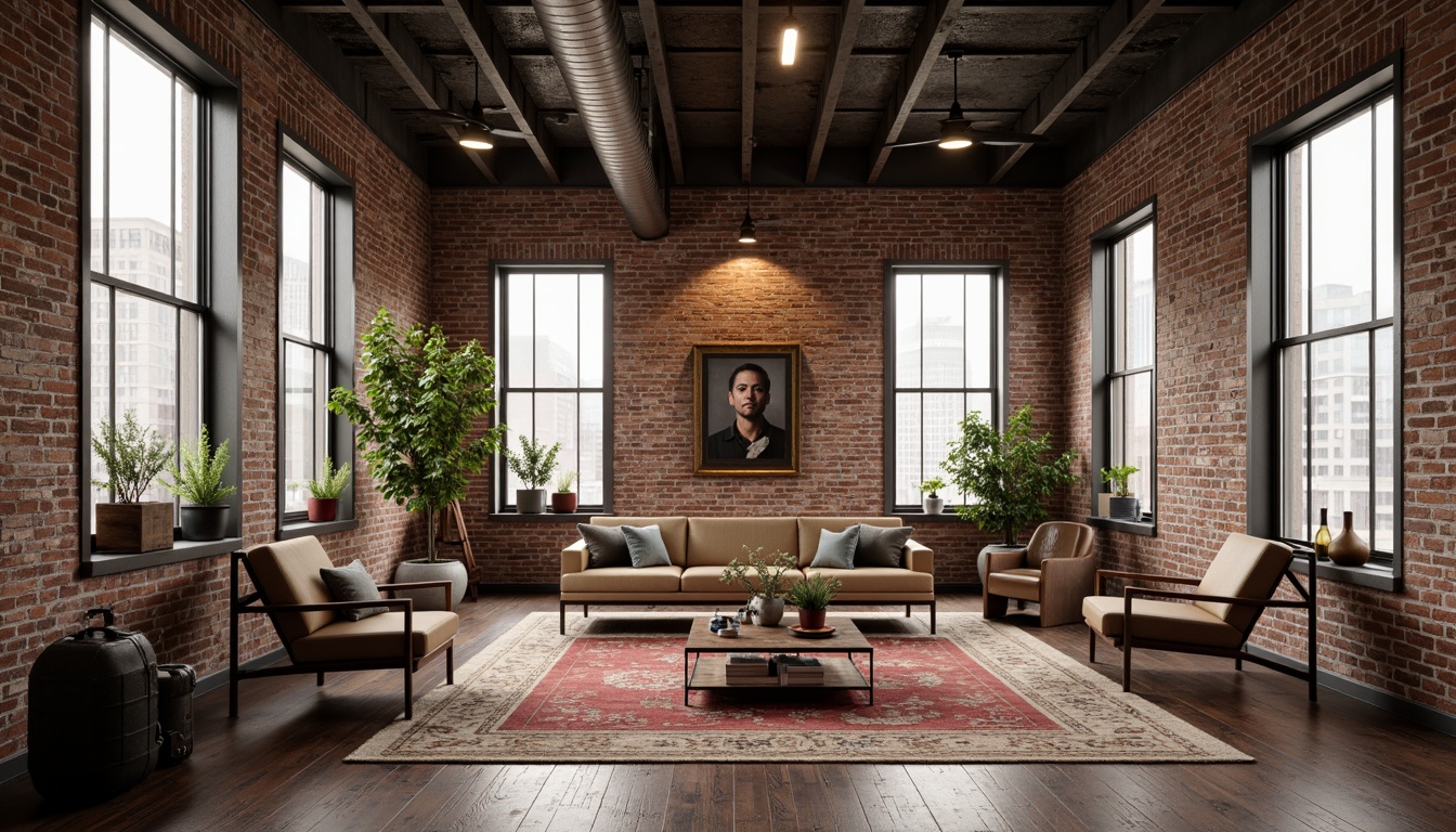 Prompt: Industrial-chic loft, exposed brick walls, metal beams, reclaimed wood floors, vintage decorative elements, earthy tones, warm neutrals, rich browns, deep reds, soft grays, industrial-style lighting, urban cityscape views, modern minimalist furniture, eclectic art pieces, natural textiles, distressed finishes, atmospheric misting, shallow depth of field, 1/1 composition, realistic ambient occlusion.