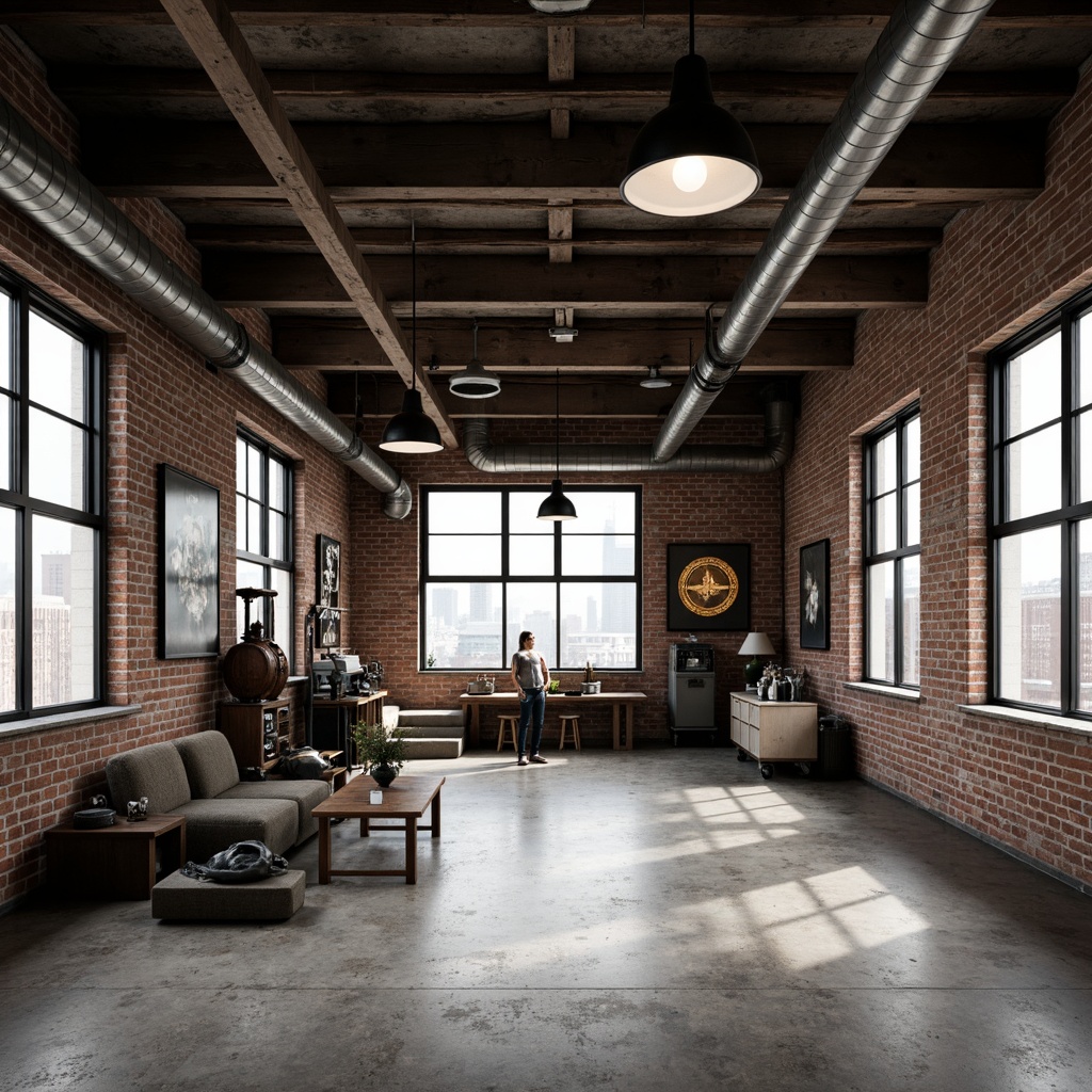 Prompt: Exposed brick walls, metal beams, industrial-chic lighting fixtures, reclaimed wood accents, distressed concrete floors, urban loft atmosphere, minimalist decor, functional pipes, mechanical equipment, vintage manufacturing tools, modern art pieces, monochromatic color scheme, high ceilings, large windows, natural light, cityscape views, gritty textures, realistic wear and tear, dramatic shadows, low-key lighting, 3/4 composition, symmetrical framing.