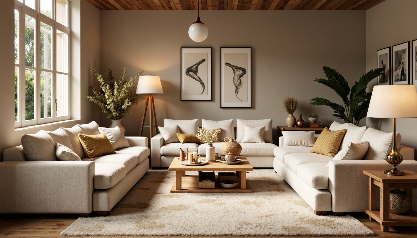 Prompt: Cozy living room, warm beige walls, plush sofas, rustic wooden coffee table, soft cream-colored rug, floor-to-ceiling windows, natural daylight, warm white pendant lights, table lamps with linen shades, warm brass accents, textured glass vases, candlelit ambiance, relaxed seating arrangement, 1/1 composition, intimate atmosphere, soft focus, realistic renderings.