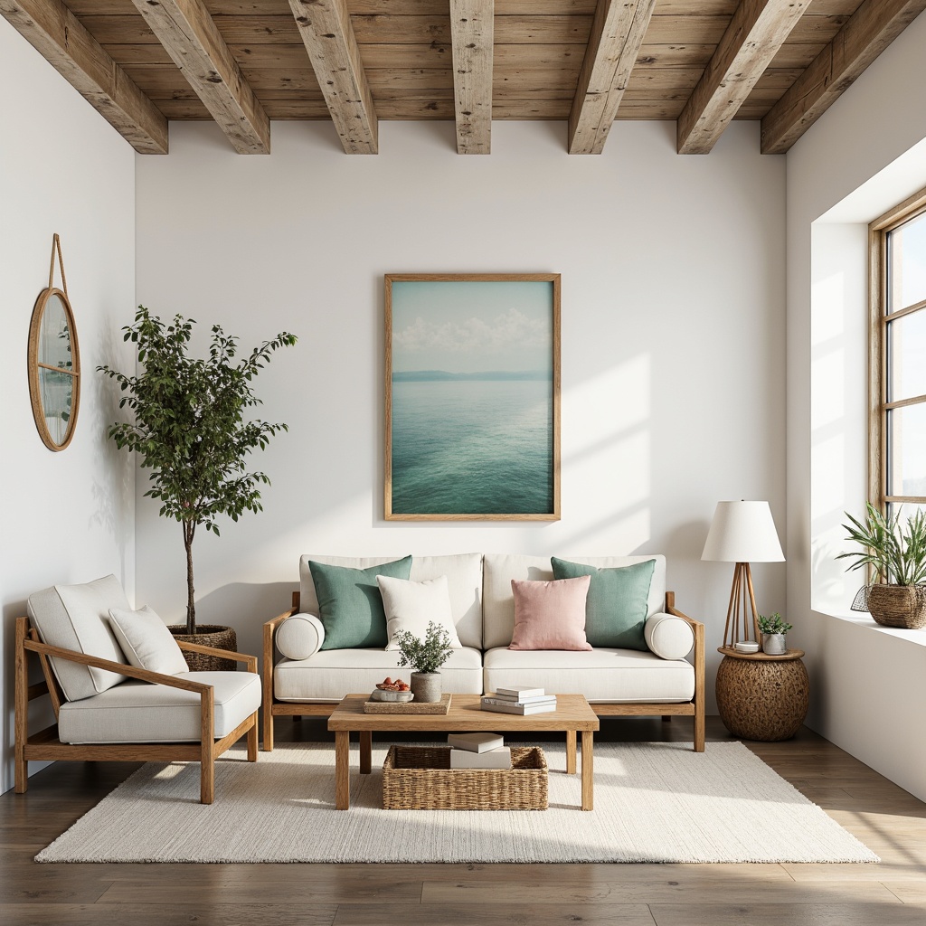 Prompt: Soft ocean breeze, calming coastal vibe, light-filled interior spaces, creamy whites, weathered woods, driftwood grays, seafoam greens, coral pinks, sandy beiges, natural textiles, woven baskets, rattan furniture, distressed finishes, vintage nautical accents, ocean-inspired artwork, airy openness, minimal ornamentation, warm soft lighting, shallow depth of field, 1/1 composition, realistic textures, ambient occlusion.