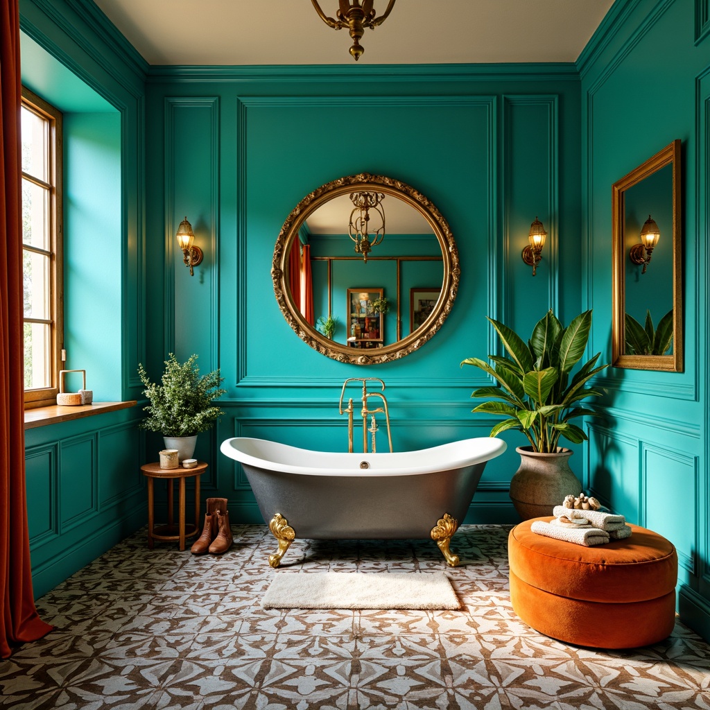 Prompt: Vibrant turquoise walls, expressive curved lines, whimsical ornate fixtures, luxurious freestanding tub, bold geometric patterned floor tiles, rich velvet drapes, eclectic mix of antique and modern furniture, oversized decorative mirrors, warm golden lighting, shallow depth of field, 1/2 composition, dynamic camera angles, stylized textures, ambient occlusion, playful splashes of watercolor-inspired accents.