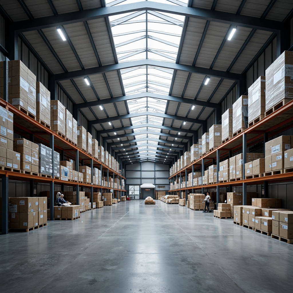 Prompt: Industrial distribution center, high vaulted ceilings, exposed ductwork, metal beams, polished concrete floors, sleek steel shelving, rows of storage racks, fluorescent lighting, modern commercial architecture, open floor plan, minimalist design, functional layout, neutral color palette, natural light pouring in through skylights, soft shadows, shallow depth of field, 1/1 composition, realistic textures, ambient occlusion.