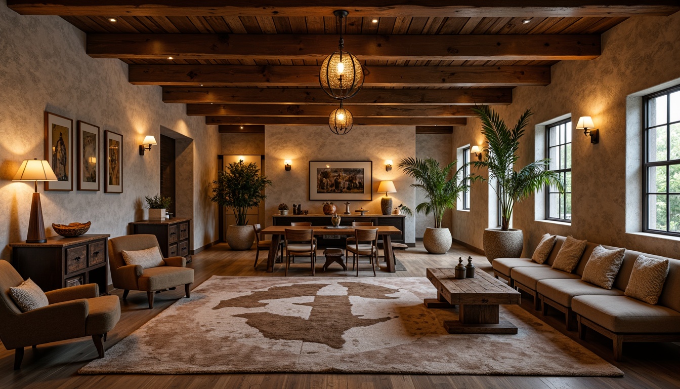 Prompt: Rustic hotel lobby, natural stone walls, wooden beam ceilings, earthy color palette, plush armchairs, distressed wood furniture, vintage decor items, woven baskets, pendant lanterns, candlelit ambiance, warm cozy atmosphere, rustic metal accents, reclaimed wood tables, comfortable sofas, faux fur throws, natural fiber rugs, wooden floorboards, soft warm lighting, 1/1 composition, intimate close-up shots, realistic textures, ambient occlusion.