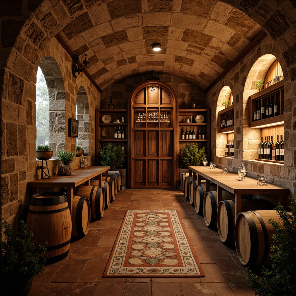 Prompt: Rustic wine cellar, stone walls, wooden barrels, dim warm lighting, earthy tones, curved arches, ornate ironwork, distressed wood shelves, decorative ceramic tiles, rich wood grain, ambient shadows, soft golden glow, 1/1 composition, intimate atmosphere, Mediterranean-inspired decor, elegant glassware, vintage wine bottles, subtle fragrance, rustic metal lanterns.